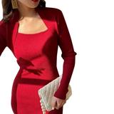 Vintage Women Bodycon Dress Long Sleeve Comfortable Breathable Square Neck Ladies Bodycon Dress Wine Red M