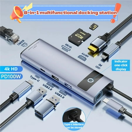 USB C Laptop Docking Station USB C Hub with 4K HDMI+2*USB A+100W PD+USB C 100M Ethernet SD/TF USB C Dock for MacBook/Dell/HP/Surface-(8 in 1)
