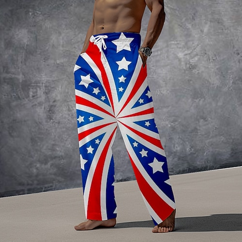 Herren Hawaiianisch Urlaub Brautkleider schlicht Fahne Amerikanische Flagge Hose Hosen Hosen Hose 3D-Druck Tasche Hose mit geradem Bein Mittlere Taillenlinie Partyabend Alltagskleidung Urlaub Sommer Image