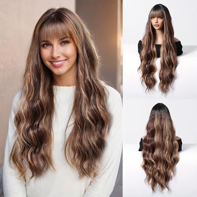 32inch 221g Highlights Wig With Bangs Long Curly Wavy Wig Heat Resistant Synthetic Fiber Wig For Daily Party Use