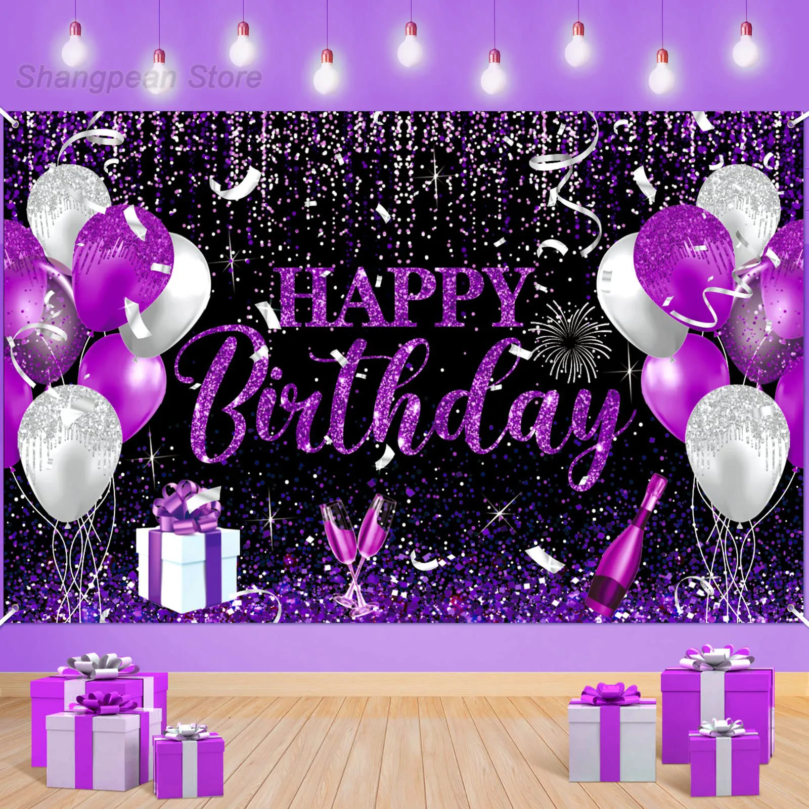 Geburtstagsdekorations-Banner, großes Happy Birthday-Banner für Damen und Herren, lila, schwarz, Geburtstagsthema, Party-Hintergrund zum Geburtstag Image