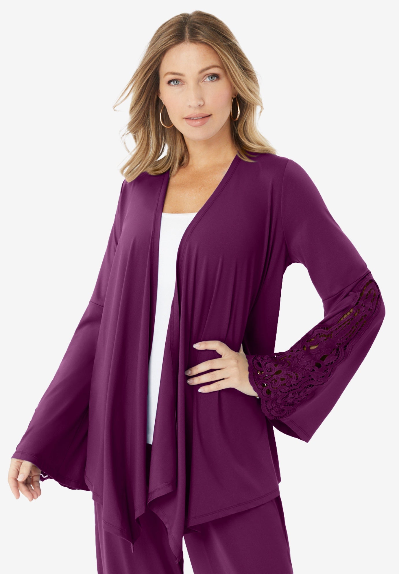Plus Size Women's Plus-Size Bell-Sleeve Cardigan by Roaman's in Dark Berry (Size 26/28)