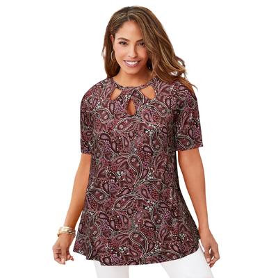 Plus Size Women's Stretch Knit Cutout Swing Tunic by Jessica London in Rich Burgundy Garden Paisley (Size 18/20) Long Shirt