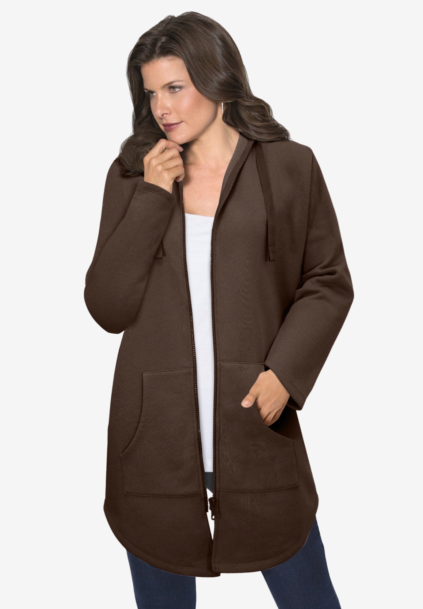 Plus Size Women's Fleece Zip Hoodie Sweatshirt by Roaman's in Chocolate (Size S) Jacket