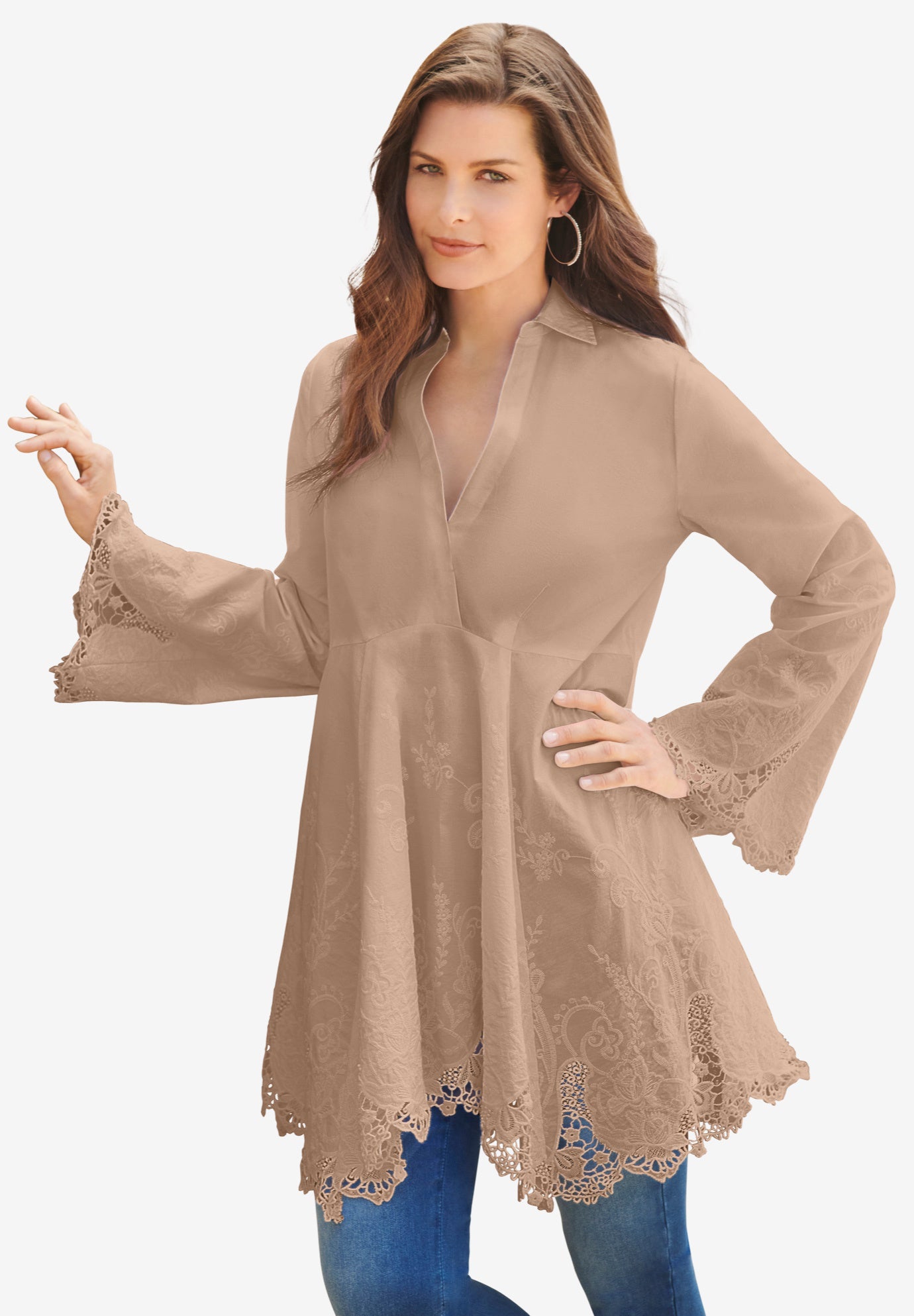 Plus Size Women's Poplin Embroidered Swing Tunic by Roaman's in Brown Sugar (Size 28 W) Long Shirt Blouse