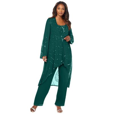 Plus Size Women's Beaded Pant Set by Roaman's in Emerald Green (Size 34 W) Sheer Jacket Formal Evening Wear