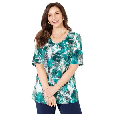 Plus Size Women's Suprema® Short Sleeve V-Neck Tee by Catherines in Waterfall Herringbone Leaf (Size 3X)