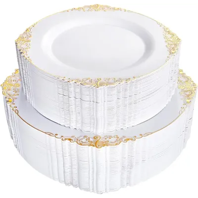 102PCS White and Gold Plastic Plates - Heavyweight Gold Disposable Plates Include 51PCS 7.5inch