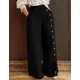 Pantalon large à taille élastique pour femme bouton décoratif monochromatique noir élégant long