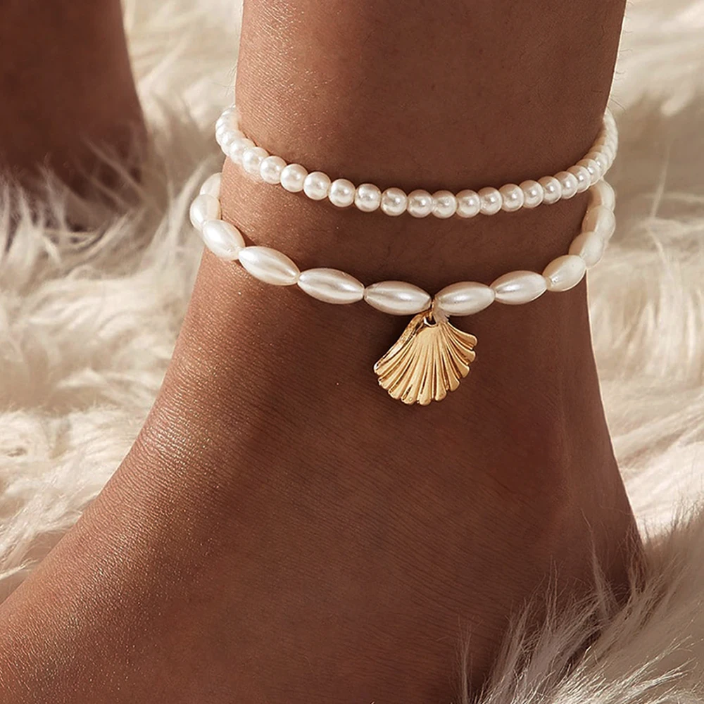 Vintage elegantes Perlen-Fußkettchen-Set mit Kunstperlen und Muschel für Damen, verstellbar, elastisch, lässig, Strandurlaub, Armband auf Fußschmuck Image