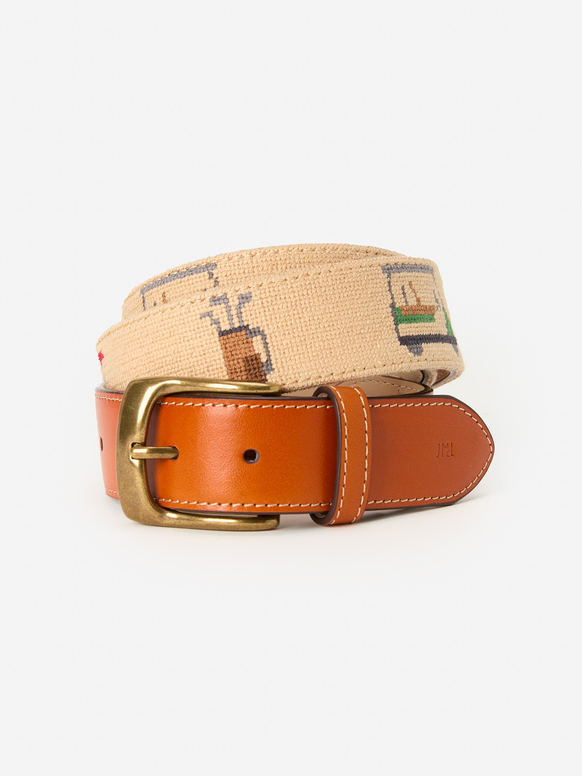 J.McLaughlin Men's Needlepoint Belt in Golf Khaki, Size 32 | Cotton/Leather