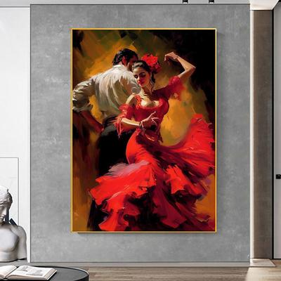 Spain Style Flamenco Arts Couple Canvas Handpainted Dancer Woman Wall Art Dancing Wall Decor Handmade On Canvas Home Office Decoration(No Frame)