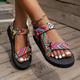 Sandales plates à motif géométrique pour femmes, chaussures d'été décontractées à bout ouvert, confortables avec lanière à la cheville