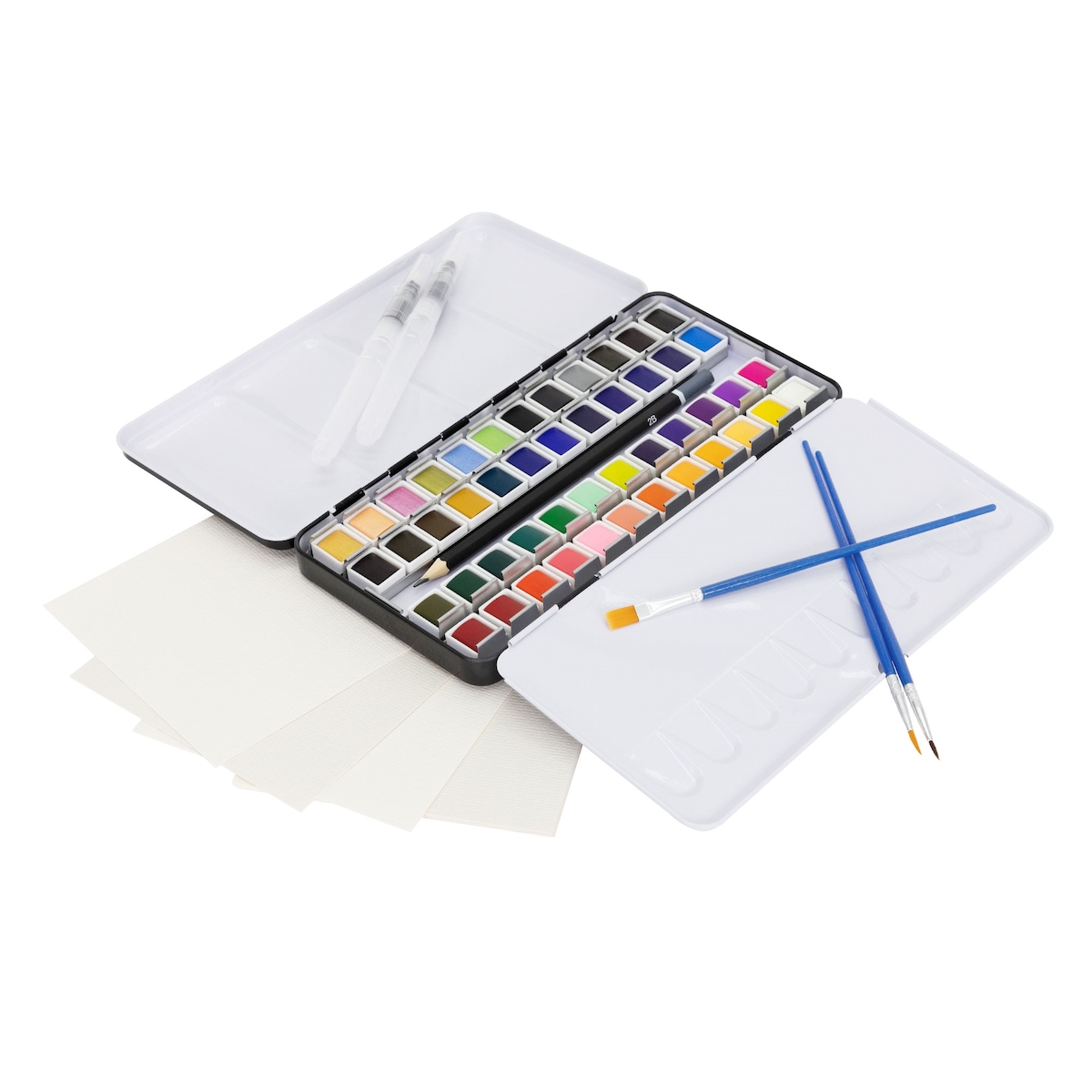 ECD Germany Aquarellfarben Set 48 Farben, inkl. 3 Pinsel, 2 Aquarellstifte, 2B-Bleistift, Papier & Palette Image