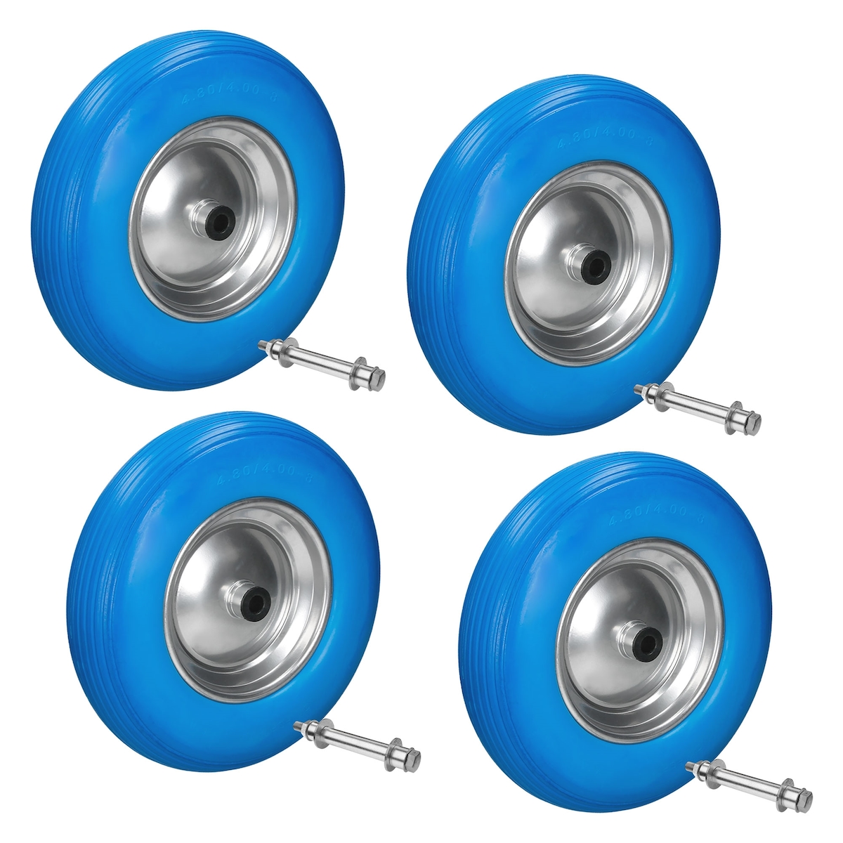 ECD Germany 4er Set Schubkarrenrad PU Vollgummi 4.80/4.00-8 Ø390 mm Blau 200 kg mit Achse Stahlfelge Reifen Schubkarre Image