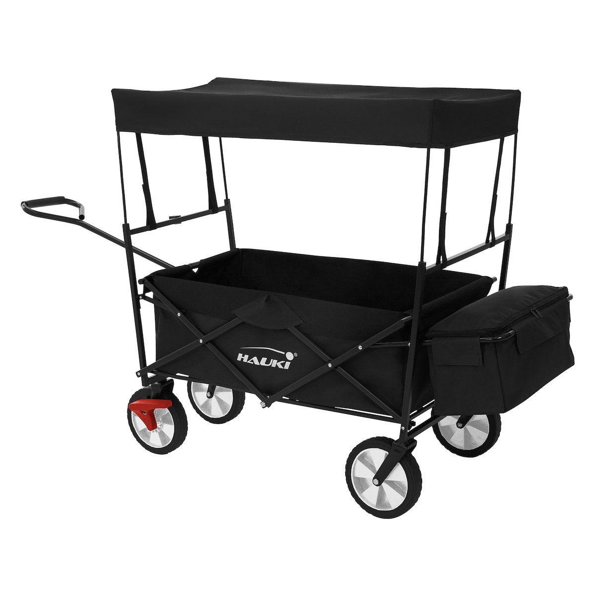 Hauki Bollerwagen L Schwarz, faltbar mit Dach, Handwagen klappbar, bis 80 kg, 2 Netztaschen + Außentasche, Bremse, Transportwagen Kinder Image