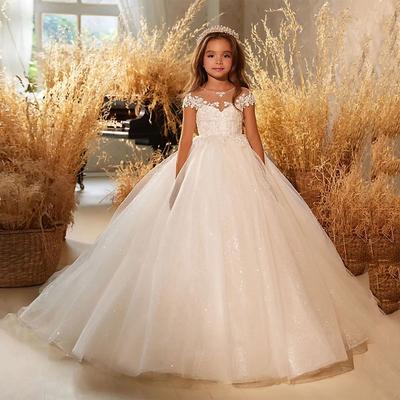 Kids Girls' Flower Girl Dress Party Dress Solid Color Short Sleeve Performance Wedding Party Mesh Princess Sweet Mesh Mid-Calf Sheath Dress Tulle Dress Summer Spring Fall 4-12 Years White