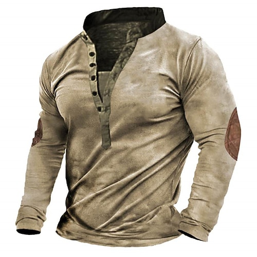 Herren T-Shirt mit Knöpfen T Shirt Henley Hemd T-Shirt Langarm Königin Anne Frühling Herbst Farbblock Vintage Designer Basic Patchwork Urlaub Straße Ausgehen Khaki Top T-Shirt für Herren Image