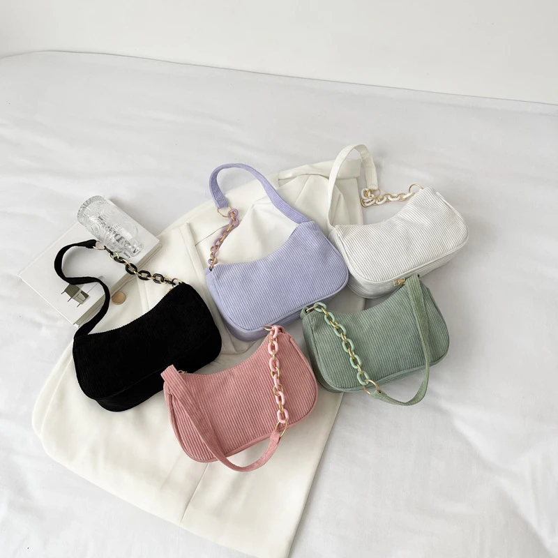 Sacs à main vintage en velours côtelé pour femmes, sous les bras, fermeture éclair, initié, petit, doux, décontracté, pochette, femme, mode, automne, hiver