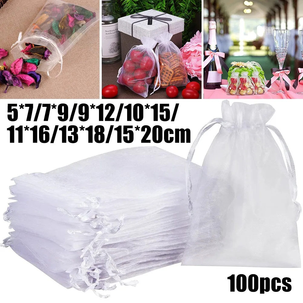 100 Stück Organza-Geschenkbeutel, Hochzeit, Party, Gastgeschenk, Schmuck, Süßigkeitenbeutel, weiße Beutel, Kordelzug, Organza-Gaze-Beutel, Geschenk Image