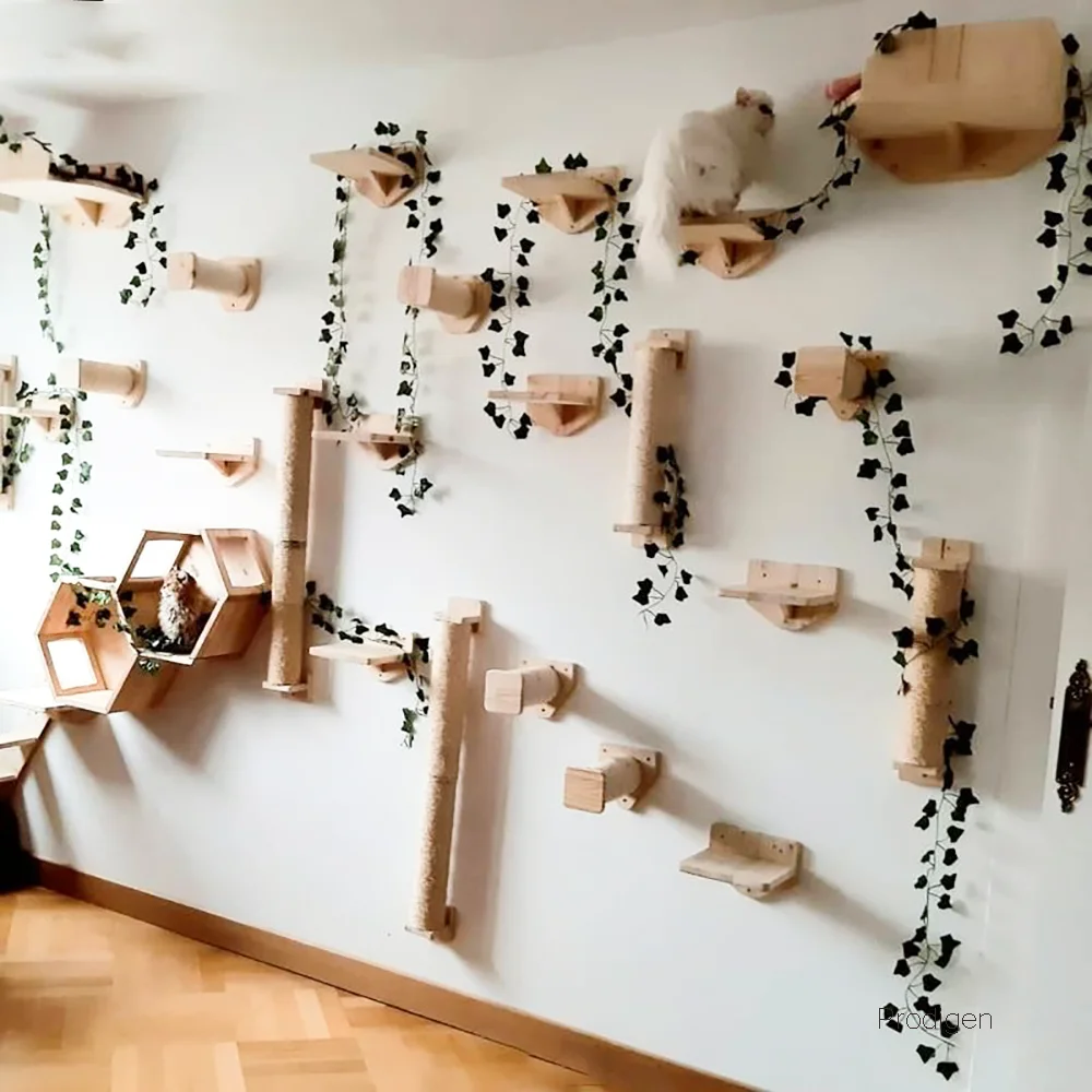 An der Wand montierter Katzen-Kletterrahmen, Katzen-Hängematte und Kratzbaum mit Holzleiter zum Schlafen und Spielen von Haustierfäden Image