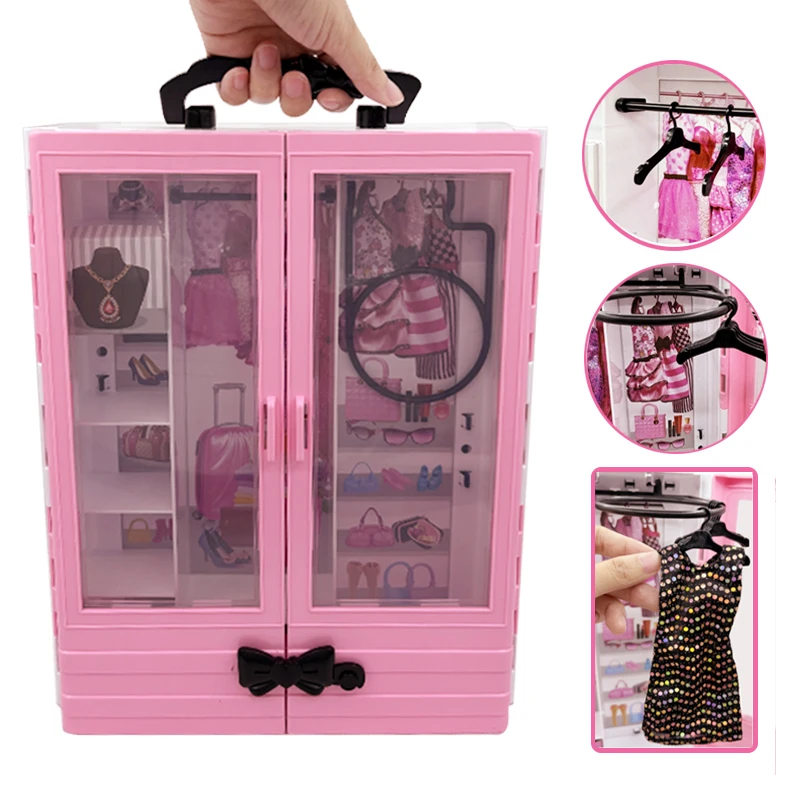 Rosa Kleiderschrank mit 10 Kleiderbügeln, Spielset, Puppenzubehör, modischer, ausklappbarer Ständer, tragbarer Kleiderschrank, Geburtstag, Weihnachten, Geschenk