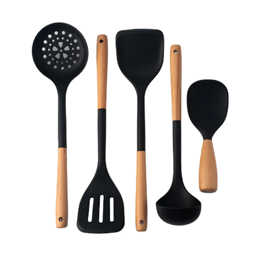 Outil de cuisine avec manche en bois et Silicone noir, ustensiles de cuisine antiadhésifs, spatule en Silicone, outil d'ustensiles de cuisine de cuisson