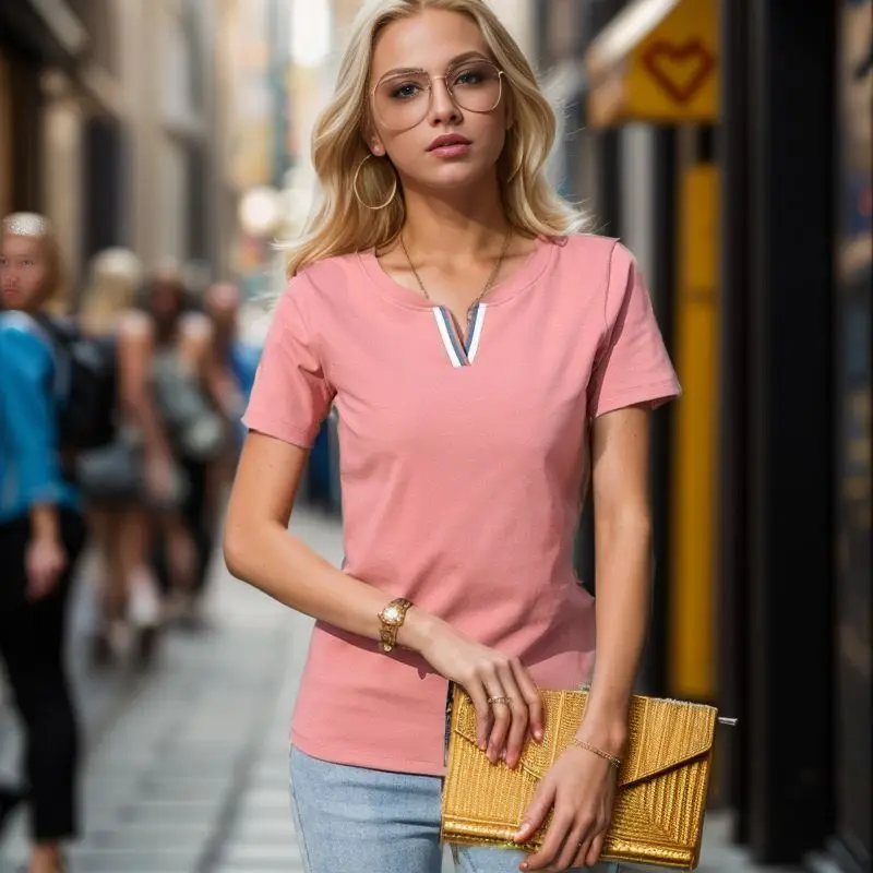 2024 Scollo a V 100% cotone T Shirt Donna Estate Moda Top a manica corta Donna Plus Size T-shirt Allentato Stile coreano Camicetta femminile