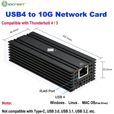 IOCREST USB4 Single Port 10G Ethernet Adapter Compatible with Thunderbolt 3/4 RJ45 10GBASE-T