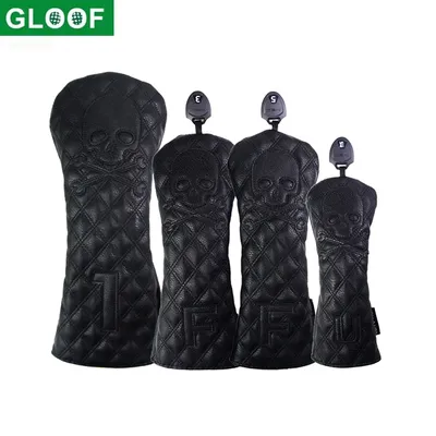 GLOOF Golf Skull Skeleton Head Cover Golf Club Black Leather cover set Fits Driver Fairway Wood