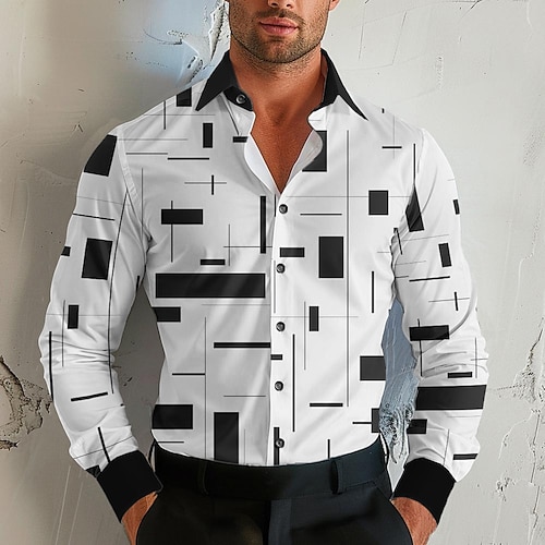 Herren Geometrisch Geometrische Muster Knopfhemd Bedruckte Hemden Langarm Business-Casual Formal Herbst Winter Frühling Sommer Umlegekragen Hemden mit Kragen Bedruckt Weiß Image