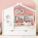 Wooden Twin Size House Bed With Trundle,Modern Design for Kids with Storage Shlef,White