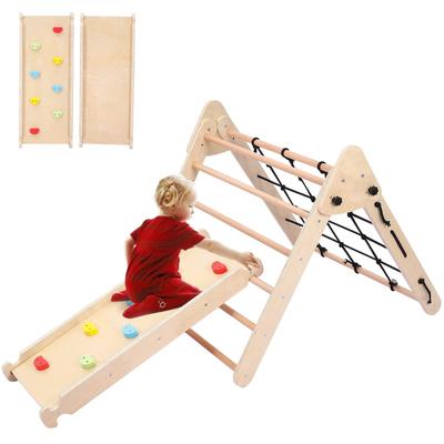 Toddler Indoor Gym Playset, Foldable Wooden Climbing Triangle with Sliding Ramp