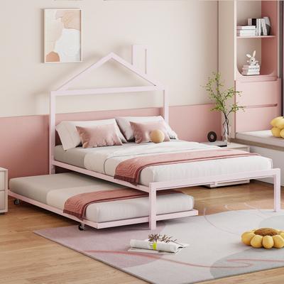 Full Size Metal Platform Bed with twin size trundle,House-Shaped Headboard Design, Pink