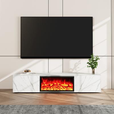 Modern Light Luxury Electric Fireplace TV Stand with LED Flame Effects, Adjustable in Multiple Colors, with 2 Drawers, Matte Sintered Stone, White, 70.87