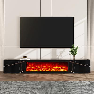 Modern Light Luxury Electric Fireplace TV Stand with LED Flame Effects, Adjustable in Multiple Colors, with 2 Drawers, Matte Sintered Stone, Black, 94.49”