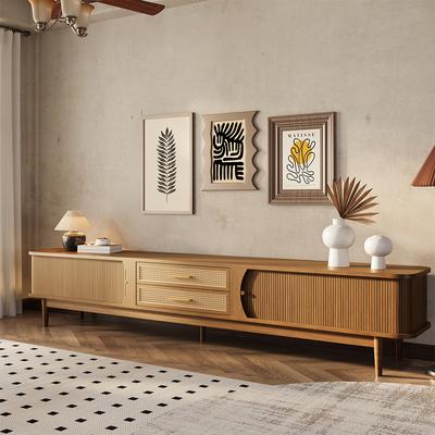 94.48" Mid-Century Modern Woven Rattan TV Stand, Fluted TV Stand, Walnut Color TV Console with Storage, Perfect for 85-inch TVs