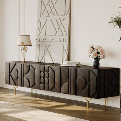 78.74" Mid-Century Modern TV Stand, Red Oak Veneer Smoky TV Console, Wood Media Console, Metal Legs, Perfect for 75-inch TVs