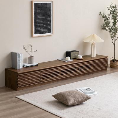 Minimalist Fluted TV Stand with Drawers, Solid Wood Media Console with Cabinets, Flip-down Door, Walnut Veneer, Fully-Assembled, 70"