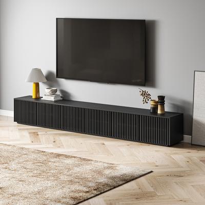 118" Modern Minimalist Wood TV Stand, Slatted Entertainment Center,Media Console, Black TV Console, Perfect for 85-inch TVs