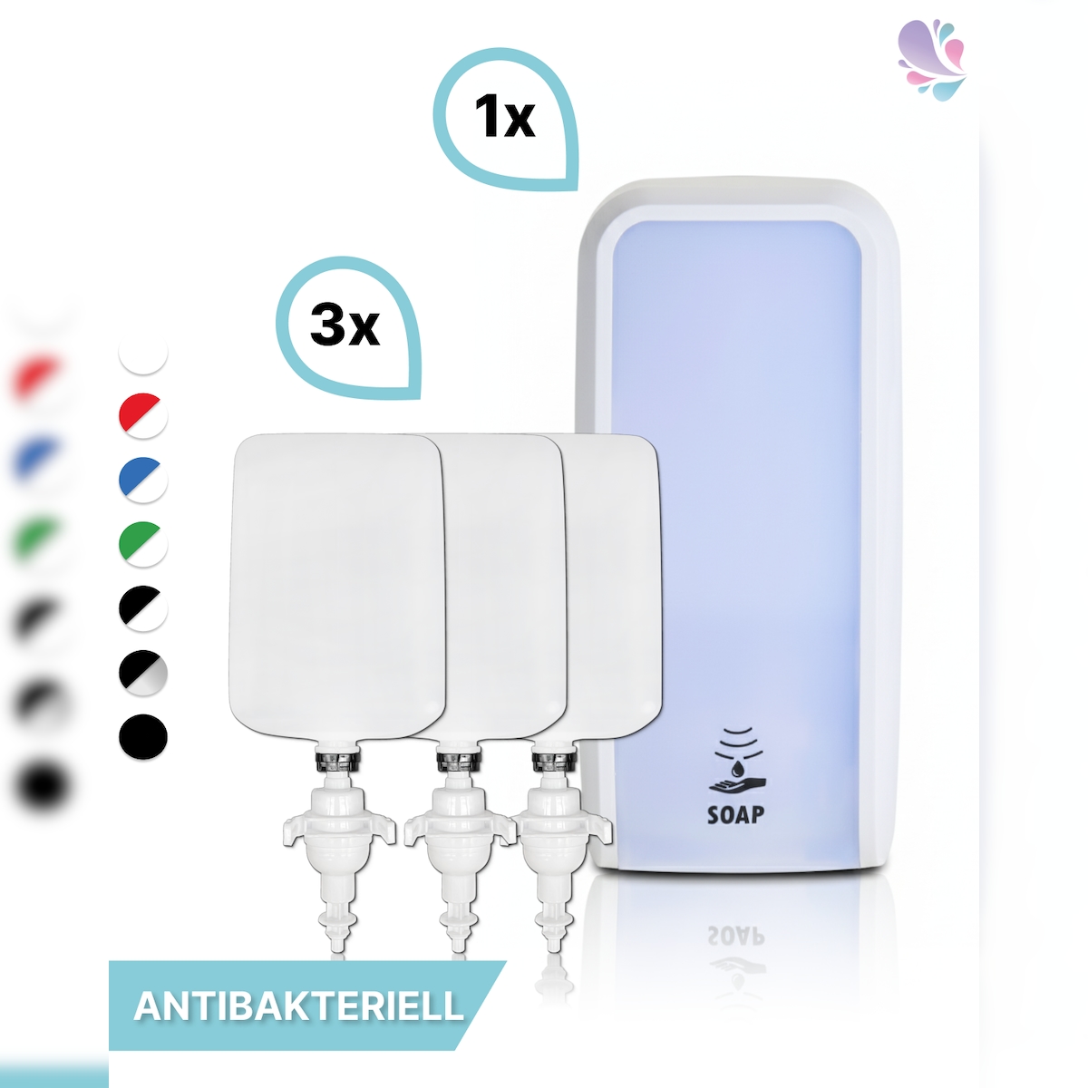 Blanc HYGIENIC SET: Schaumseifenspender SENSOR, berührungslos Blanc Cosmos versch. Farben+3x 1-Liter Schaumseife antibakteriell - PRODUKTSET : Farbe - Weiß Image