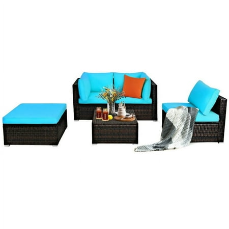 Resenkos 5 Pieces Patio Rattan Sectional Conversation Ottoman Furniture Set-Blue Patio Seating Conversation Set Modern Patio Sofa Sectional All Weather Proof for Patio Back Deck