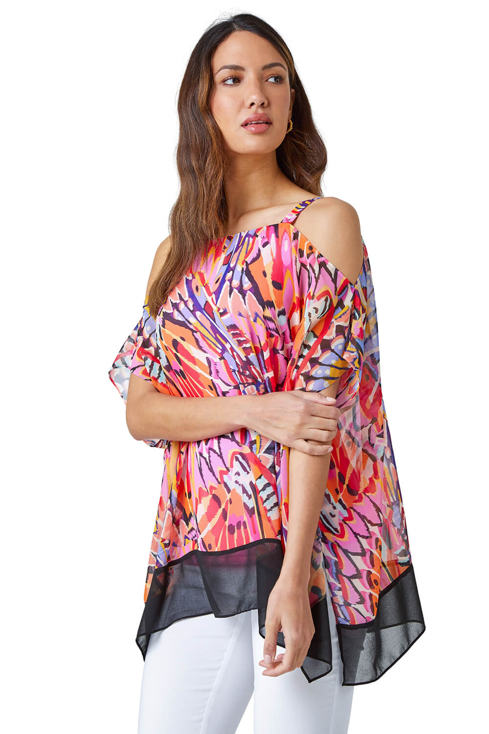 Roman Womens Butterfly Contrast Cold Shoulder Top - Pink - Size 10 UK | Roman Sale | Discount Designer Brands