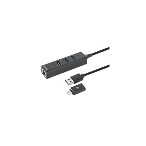 Manhattan 3-Port USB 3.0 Typ-C Typ-A Kombo-Hub mit Gigabit-Netzwerkadapter 5Gbit/s