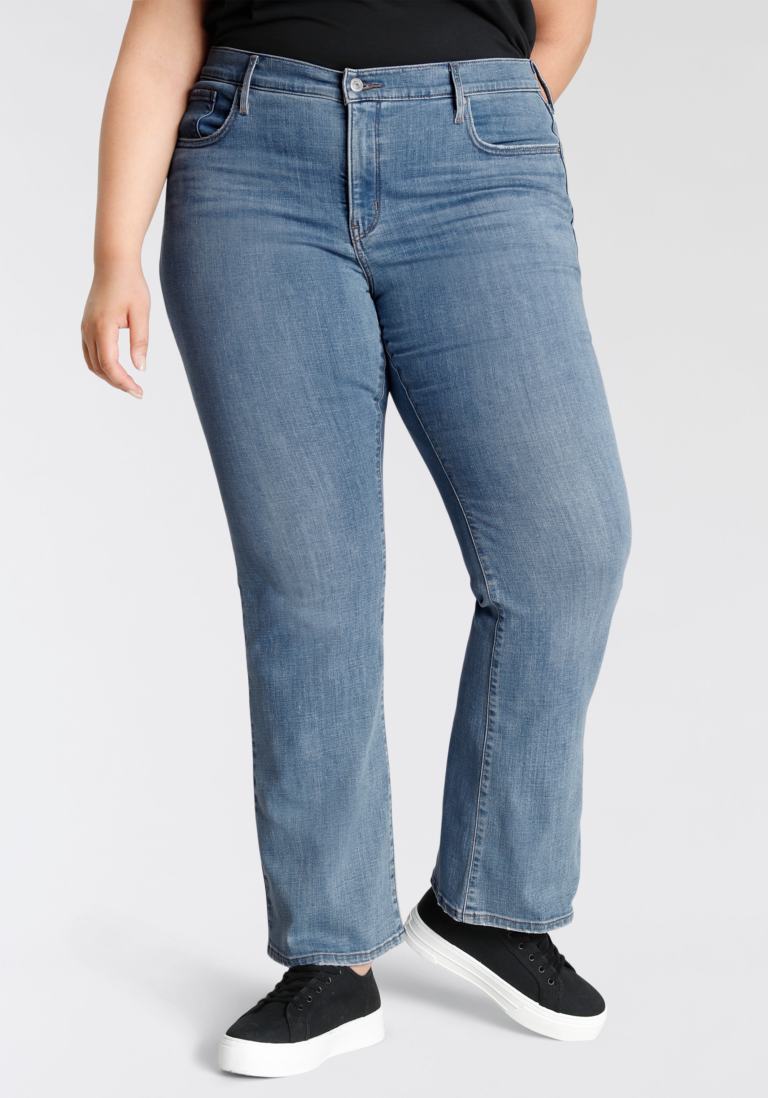 Bootcut-Jeans LEVI'S PLUS "315", Damen, Gr. 22 (54), Länge 32, blau (mid, blau, used), Denim/Jeans, Obermaterial: 60% Baumwolle, 23% Viskose, 16% Polyester, 1% Elasthan, bootcut fit lang, Jeans, Shaping