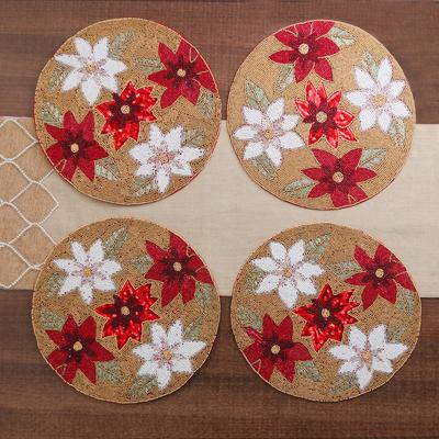 Glamour & Blooms,'Set of 4 Floral White and Red Gl...