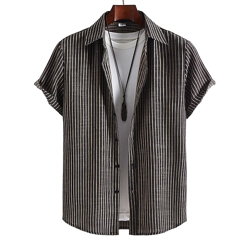 Per uomo Camicia Camicia Estiva Camicia casual Camicia da Spiaggia Camicia con Bottoni Camicie a righe Nero Manica Corta A righe Collo ripiegato Vacanza Camicia hawaiana Abbigliamento Poliestere Moda