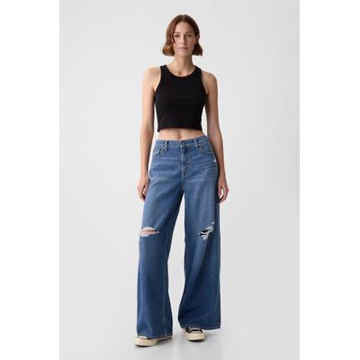 Gap Womens Blue Distressed Knee Mid Rise Soft Baggy Jeans - Blue Distressed Knee