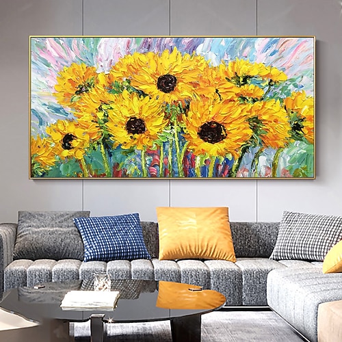 Handgefertigtes Ölgemälde auf Leinwand, Wandkunst, Dekoration, Sonnenblumen-Blumen-Landschaft für Heimdekoration, gerolltes, rahmenloses, ungedehntes Gemälde Image