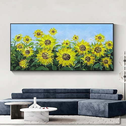 Handgefertigtes Ölgemälde auf Leinwand, Wandkunst, Dekoration, Sonnenblumen-Blumen-Landschaft für Heimdekoration, gerolltes, rahmenloses, ungedehntes Gemälde Image